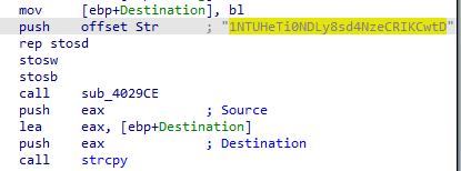 mov  push  ebp+Destination) ,  offset Str  rep stosd  stosw  stosb  call  push  push  call  sub 4ß29CE  eax  Source  eax, Cebp+Destination)  eax  strcpy  Destination 