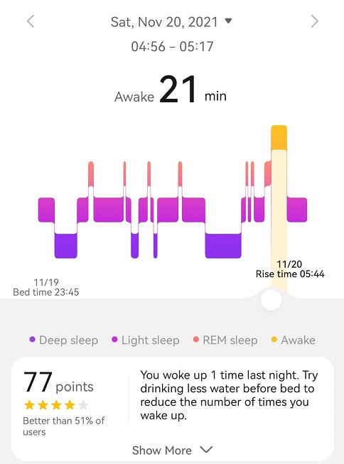 图为华为手表记录的睡眠状况