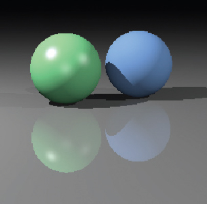 Figure showing a simple scene rendered with diffuse and Blinn-Phong shading, shadows from three light sources, and specular reflection from the floor.