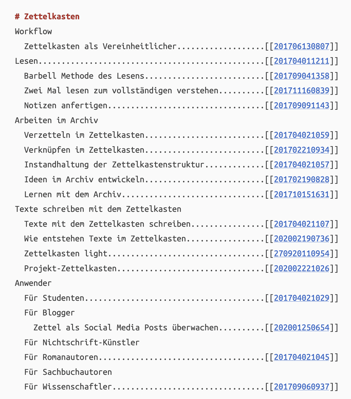 A Structure Zettel with fancy table-of-contents markup, and a graph view of the same connections and hierarchy