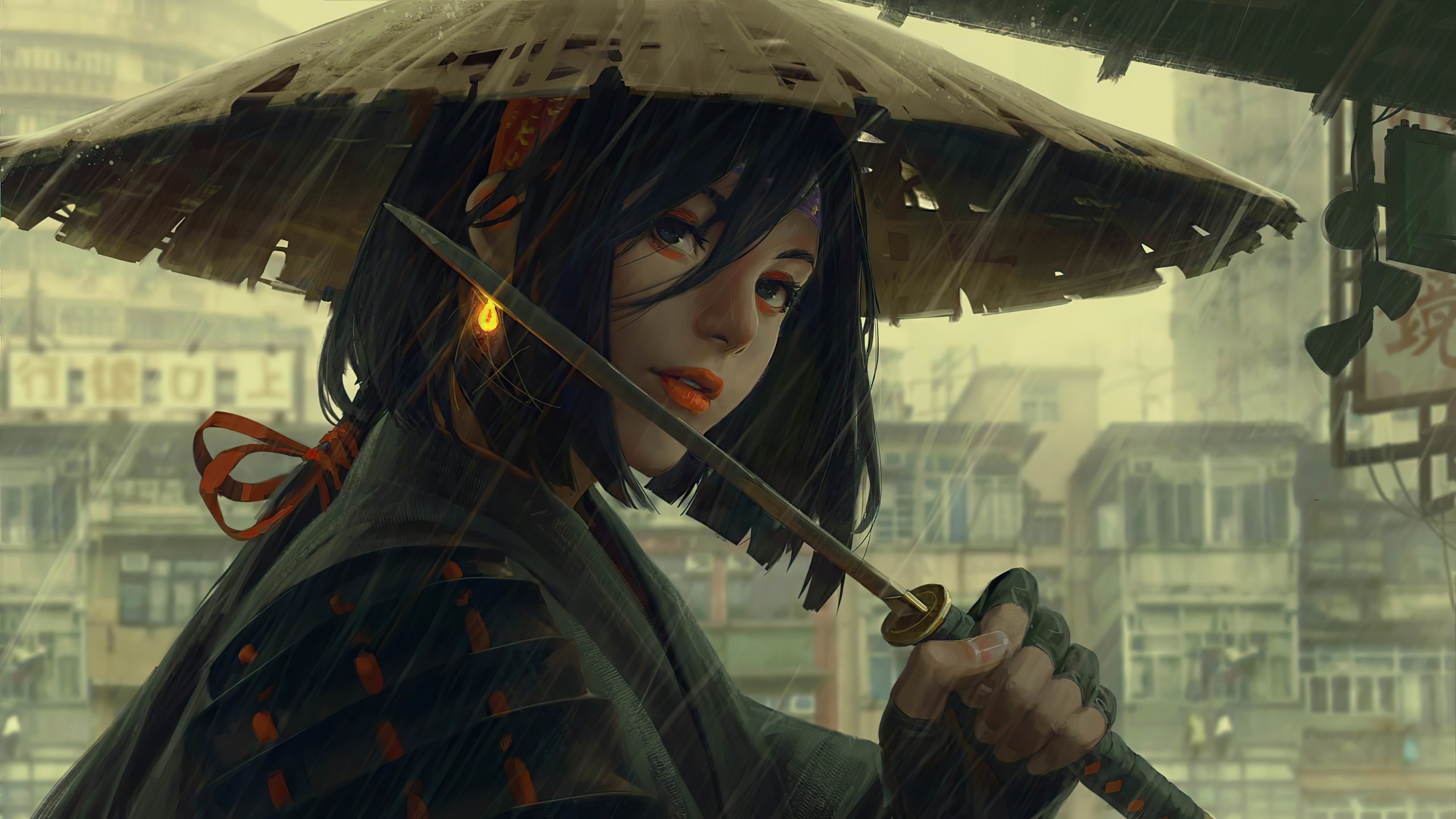 武士女孩 帽子 剑 雨天 Ůսʿ guweiz 4k高清壁纸_彼岸图网