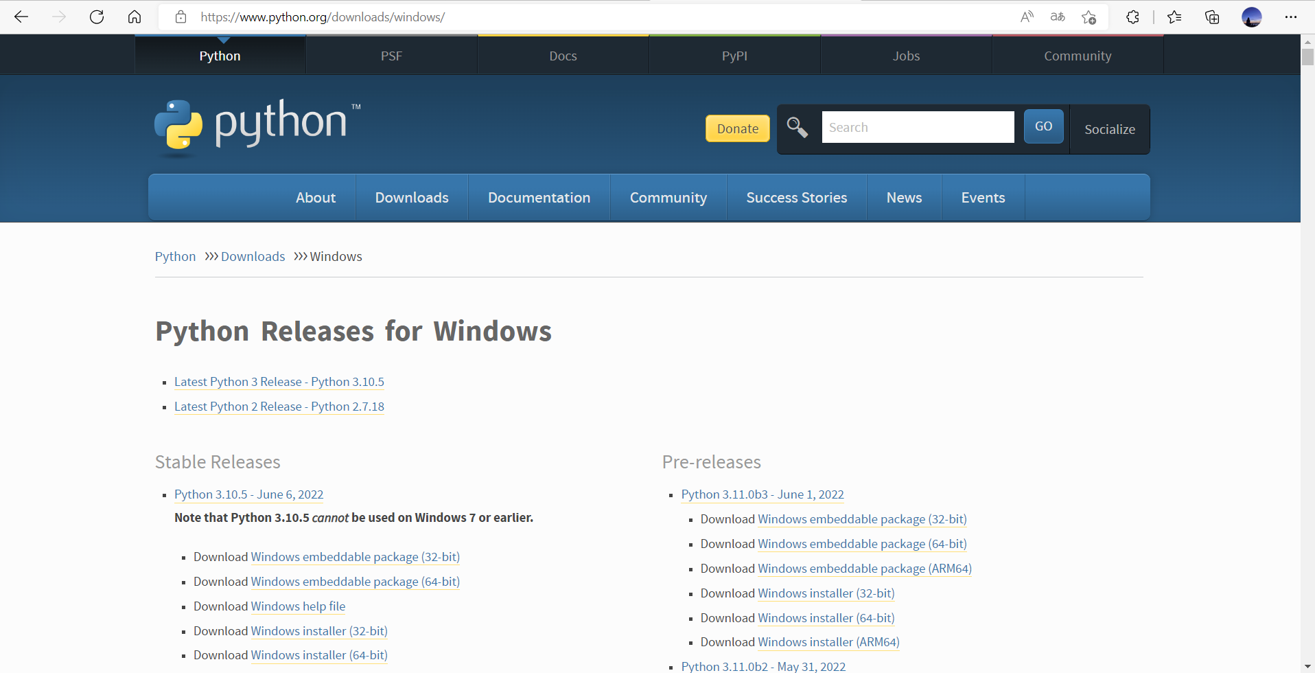 Windows 系统的Python 下载列表