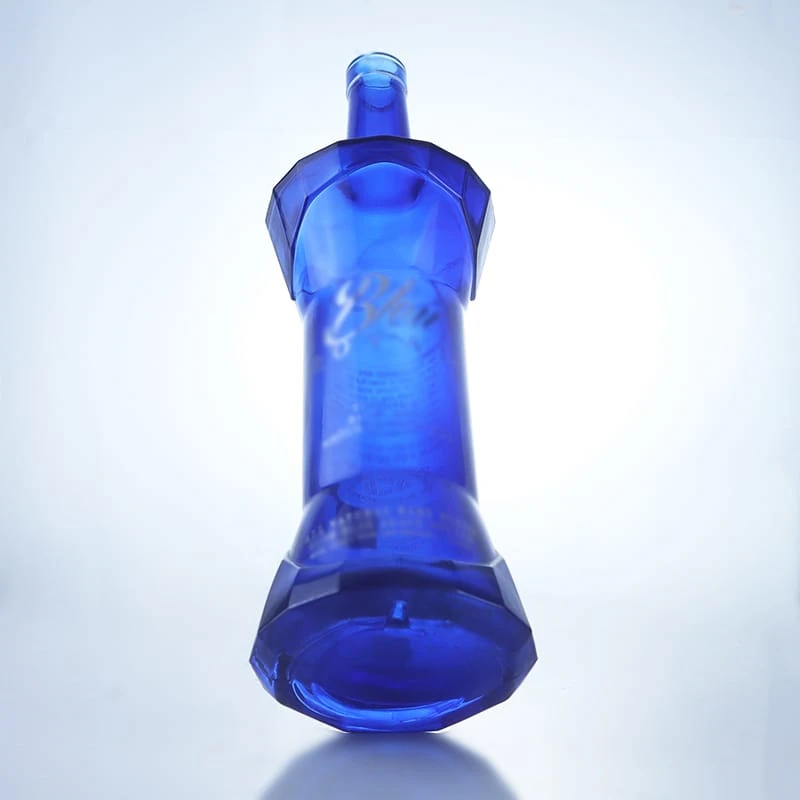 unique shape blue colored decaled glass bottle 750ml 
