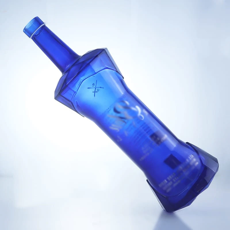 unique shape blue colored decaled glass bottle 750ml 