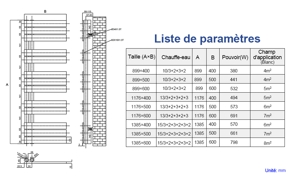 Meykoers Sèche-serviettes Eau Chaude 899x400mm Radiateur Sèche-serviettes, Barres Plates Ouverture Latérale, Blanc 15 width=100%