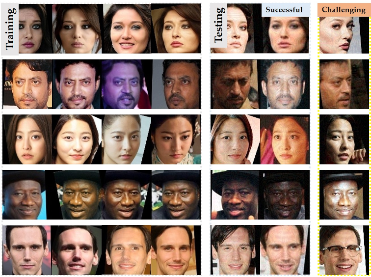 Fig. 5. Some failure cases, as well as the corresponding training samples and successful easily protected samples for analysis. Each row represents an identity. The privacy masks generated with OPOM can generalize to different testing images to some degree. However, if there are obvious differences between the testing images and the training samples, such as, large poses, different illuminations, and occlusions, the mask protection tends to break down.