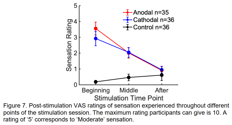 图7 刺激后VAS对刺激过程中不同时间点的感觉评分。参与者可以给出的最高评分为10分。“5”对应于“中等”感觉。
