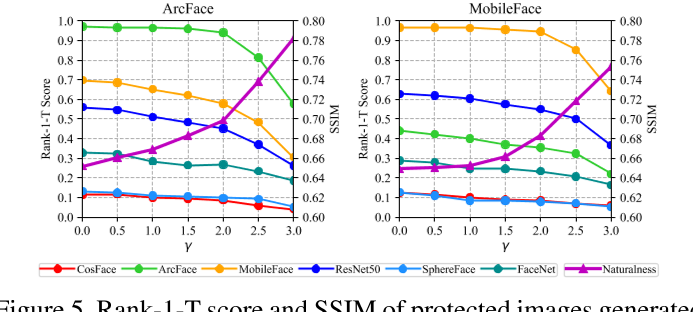 Figure 5. Rank-1-T score and SSIM of protected images generated by TIP-IM with different γ against different models.