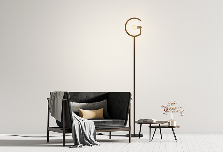 Floor lamp shaped like the letter g