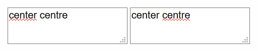 图中第一个文本框显示 c-e-n-t-e-r 为拼写错误，第二个显示 c-e-n-t-r-e 为拼写错误