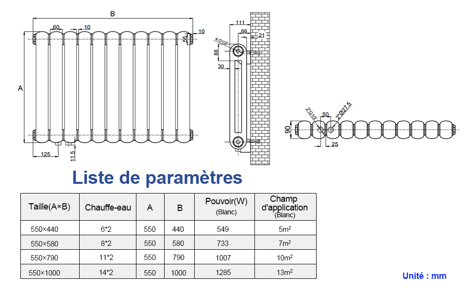 Meykoers Radiateur à Eau Chaude En Acier Design Horizontal Chauffage 55 X 44 Cm 549W Blanc 14 width=100%