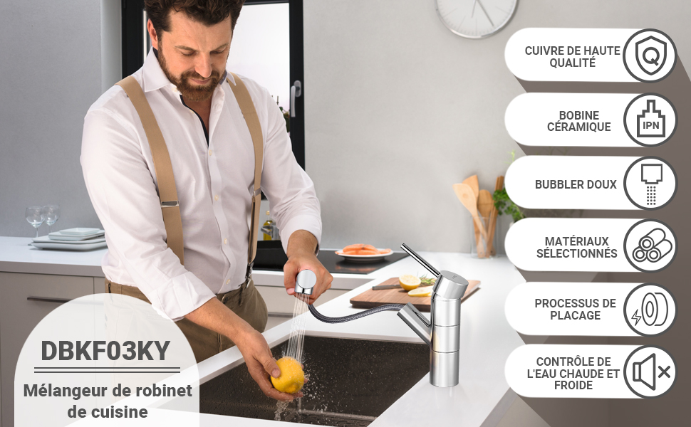 DALMO Robinet De Cuisine Avec Douchette Extractible, Mitigeur Cuisine Avec 2 Modes De Jet, Robinet Évier Cuisine Pivotant à 360 °, Laiton Chromé - DBKF03KY 10 width=750