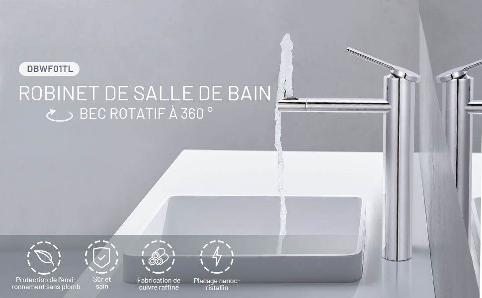 DALMO Robinet De Lavabo, Robinet De Lavabo à Deux Vitesses Rotatif 360 ° Avec Laiton Chromé, Robinet De Lavabo à Cartouche En Céramique, Économiseur D'eau à Mains Libres - DBWF01TL 10 width=750