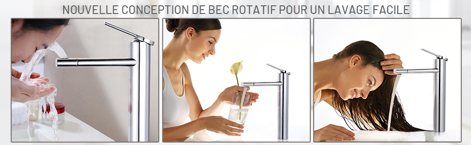 DALMO Robinet De Lavabo, Robinet De Lavabo à Deux Vitesses Rotatif 360 ° Avec Laiton Chromé, Robinet De Lavabo à Cartouche En Céramique, Économiseur D'eau à Mains Libres - DBWF01TL 11 width=750