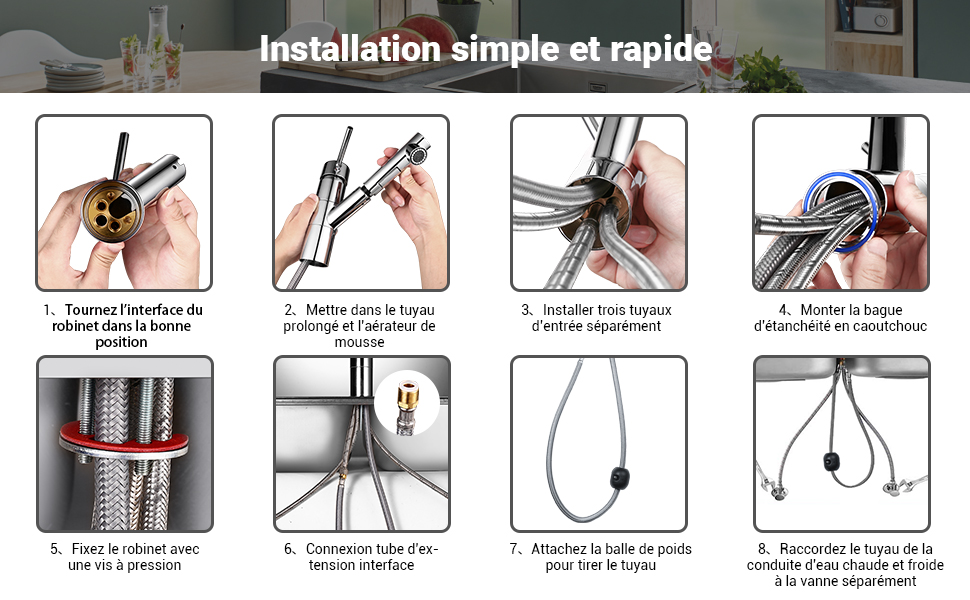 DALMO Robinet De Cuisine Avec Douchette Extractible, Mitigeur Cuisine Avec 2 Modes De Jet, Robinet Évier Cuisine Pivotant à 360 °, Laiton Chromé - DBKF03KY 12 width=750
