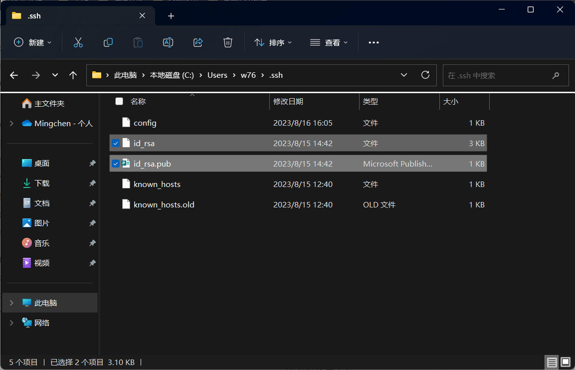 在默认设置下，公钥和私钥的文件名都会是id_rsa，公钥会带着.pub的后缀。