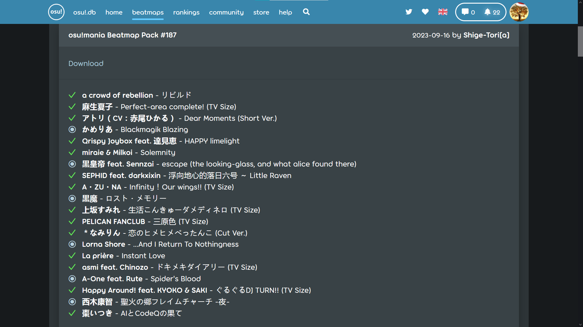 screenshot of improved beatmap pack listing page