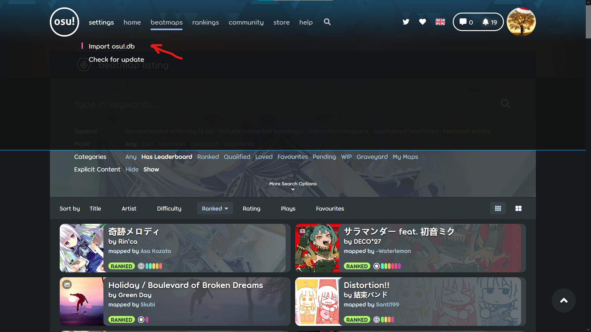 screenshot of how to start importing osu!.db