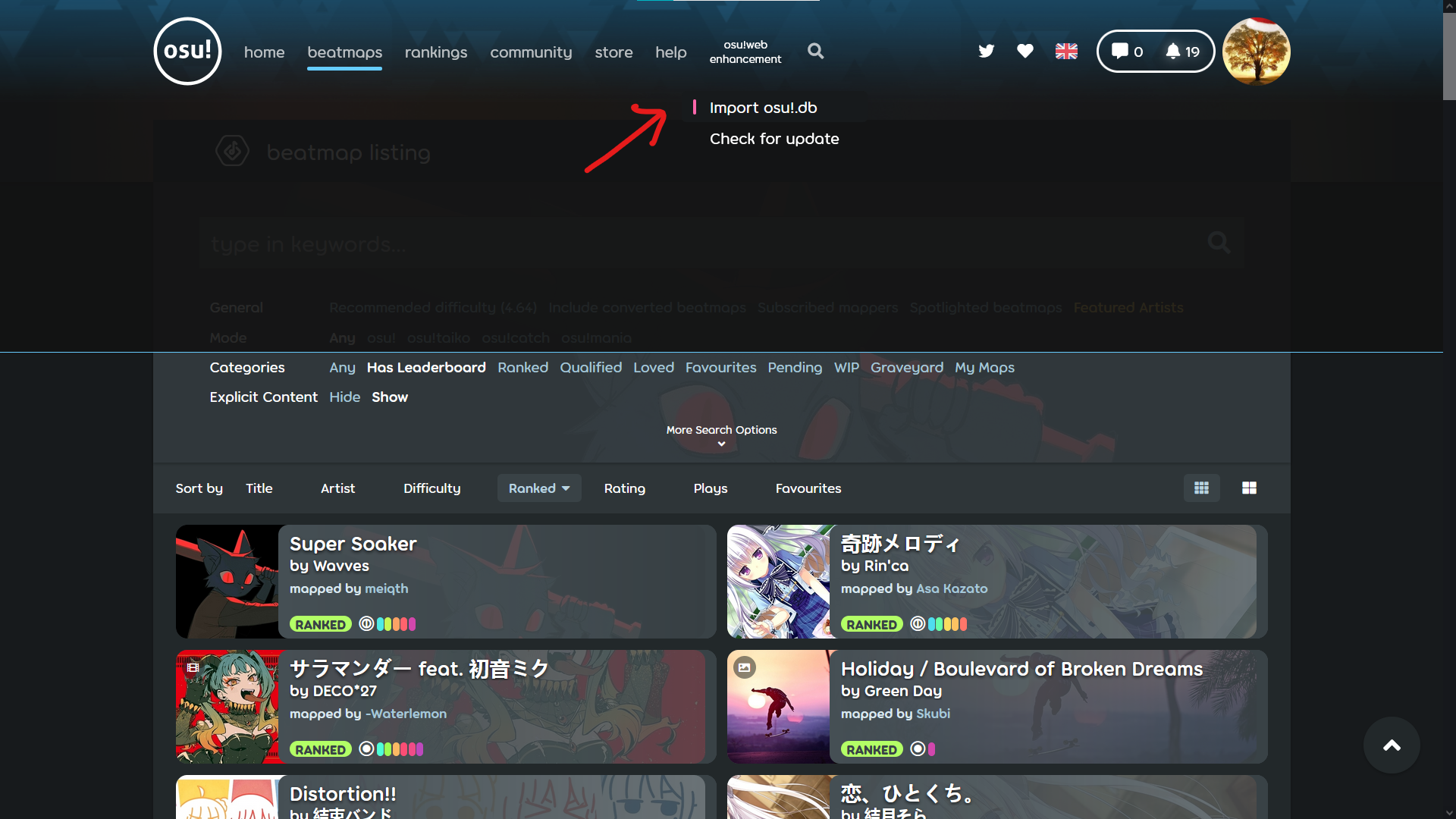 screenshot of how to start importing osu!.db
