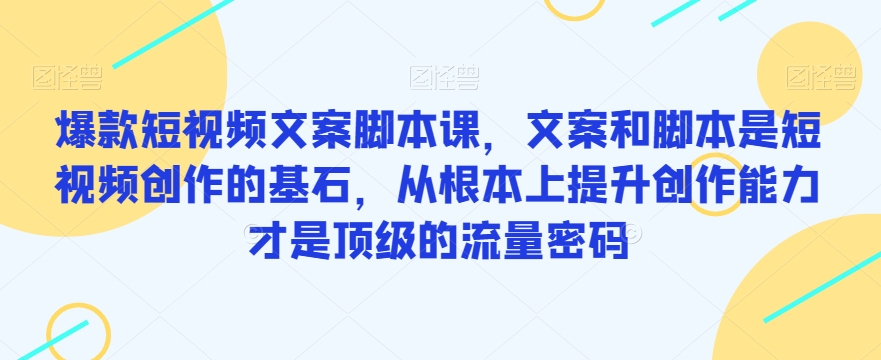 爆款短视频文案脚本课，文案和脚本是短视频创作的基石，从根本上提升创作能力才是顶级的流量密码一点库资源-致力于各大收费VIP教程和网赚项目分享一点库资源