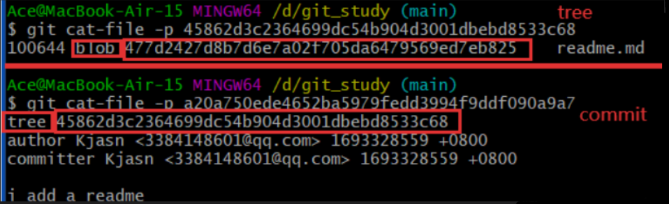 trace from commit to tree and blob