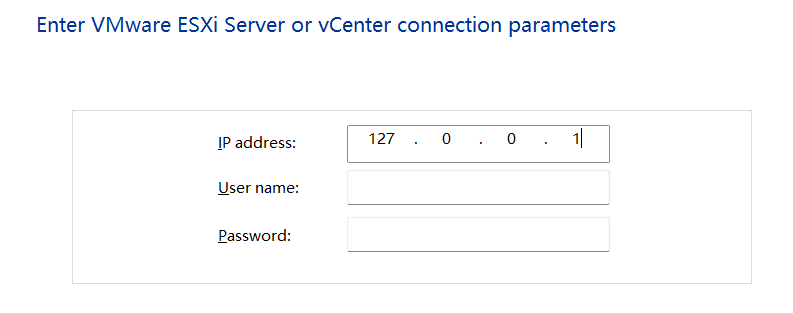 Enter VMware Server or vCenter connection parameters