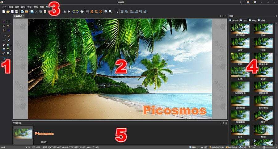 1.工具 2.图片编辑窗口 3.菜单栏 4.右侧效果栏
