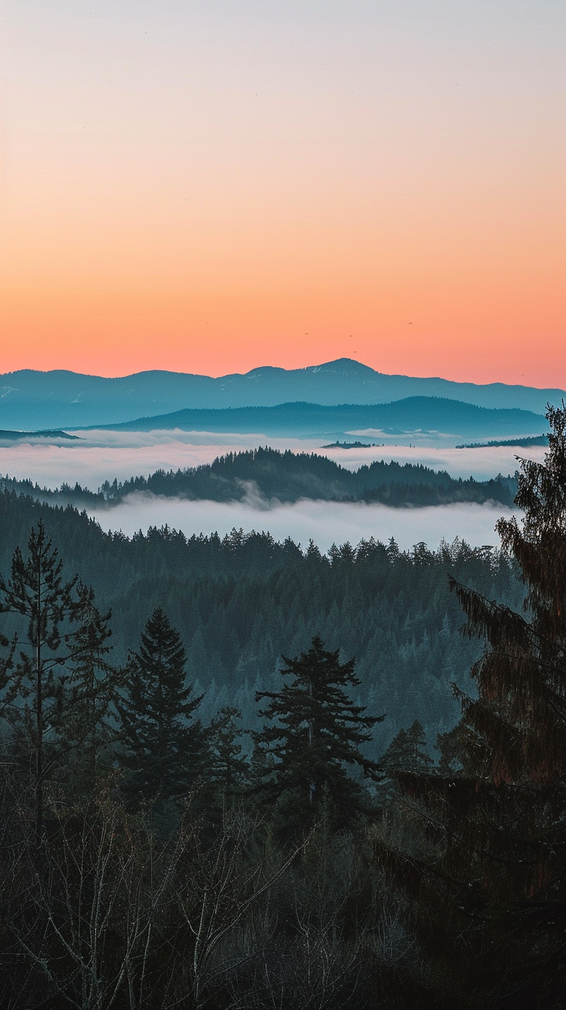 The mountains are green, the forests are thick, the sunrise is in the sky, the mist is in the sky, and the scenery is enchanting.