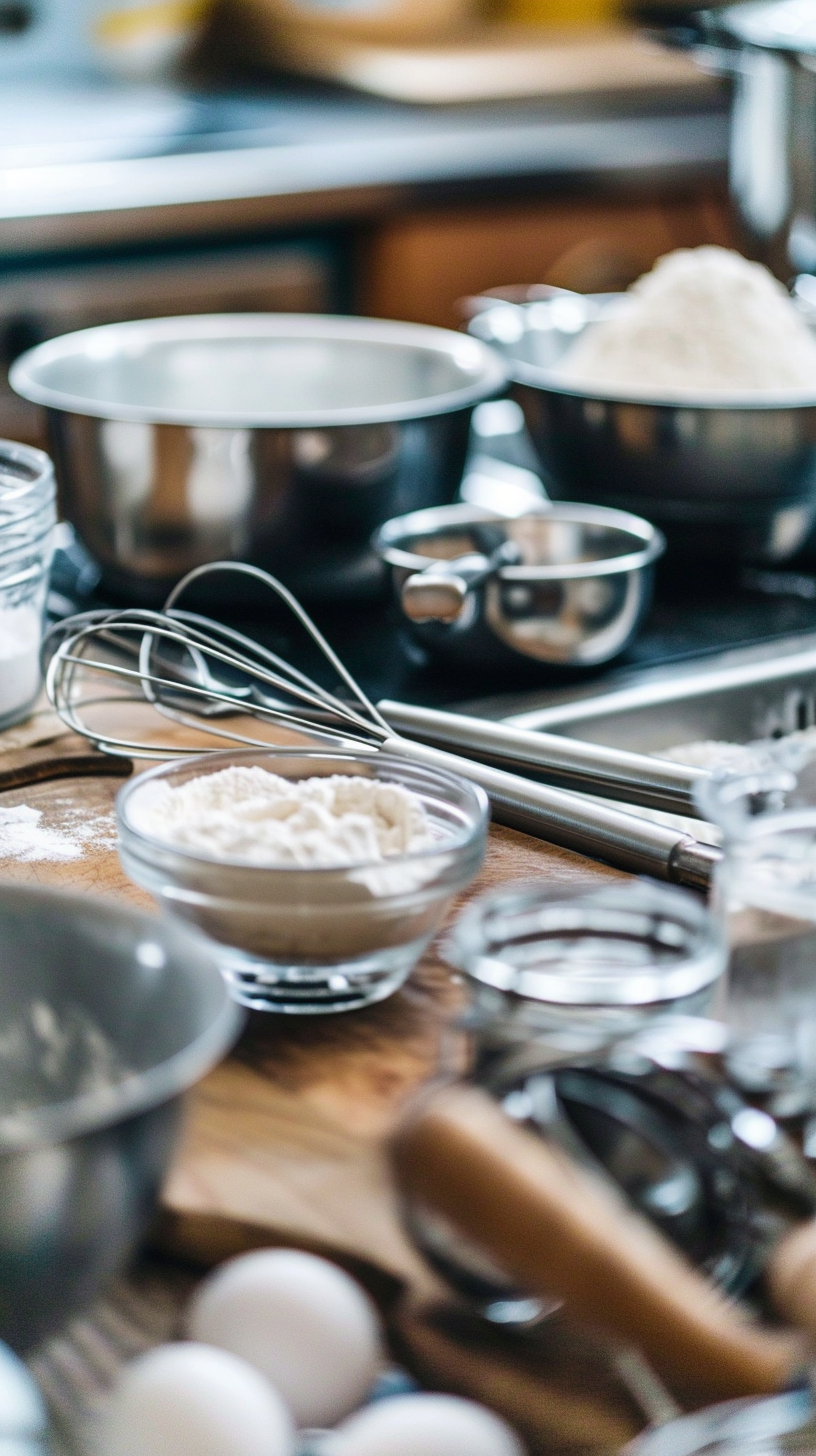 The kitchen table utensils and ingredients are ready, the baking preparation is underway, and the scene is busy and orderly.