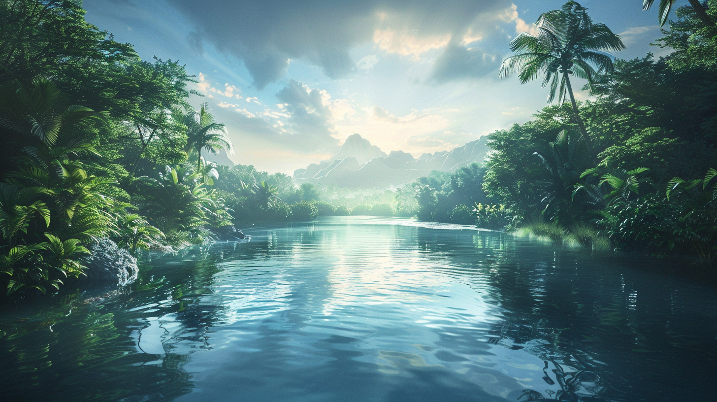 The blue river leisurely reflects the green bank, the mountains covered with snow reflect the sky light, the clouds sprinkle warm scenery ning.