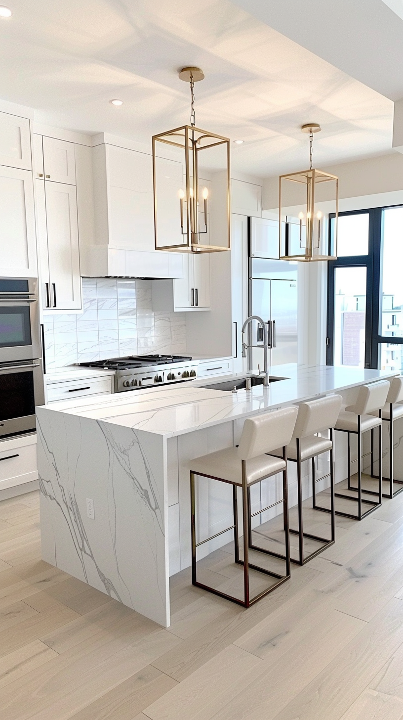 White main kitchen, island high chair, modern stainless steel appliances, simple and bright.