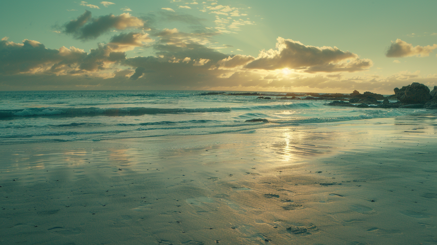 The sound of waves beating the shore is soft, the blue sky and orange clouds are in the eyes, the footprints on the beach are little marks, and the distant rock plants add nature.