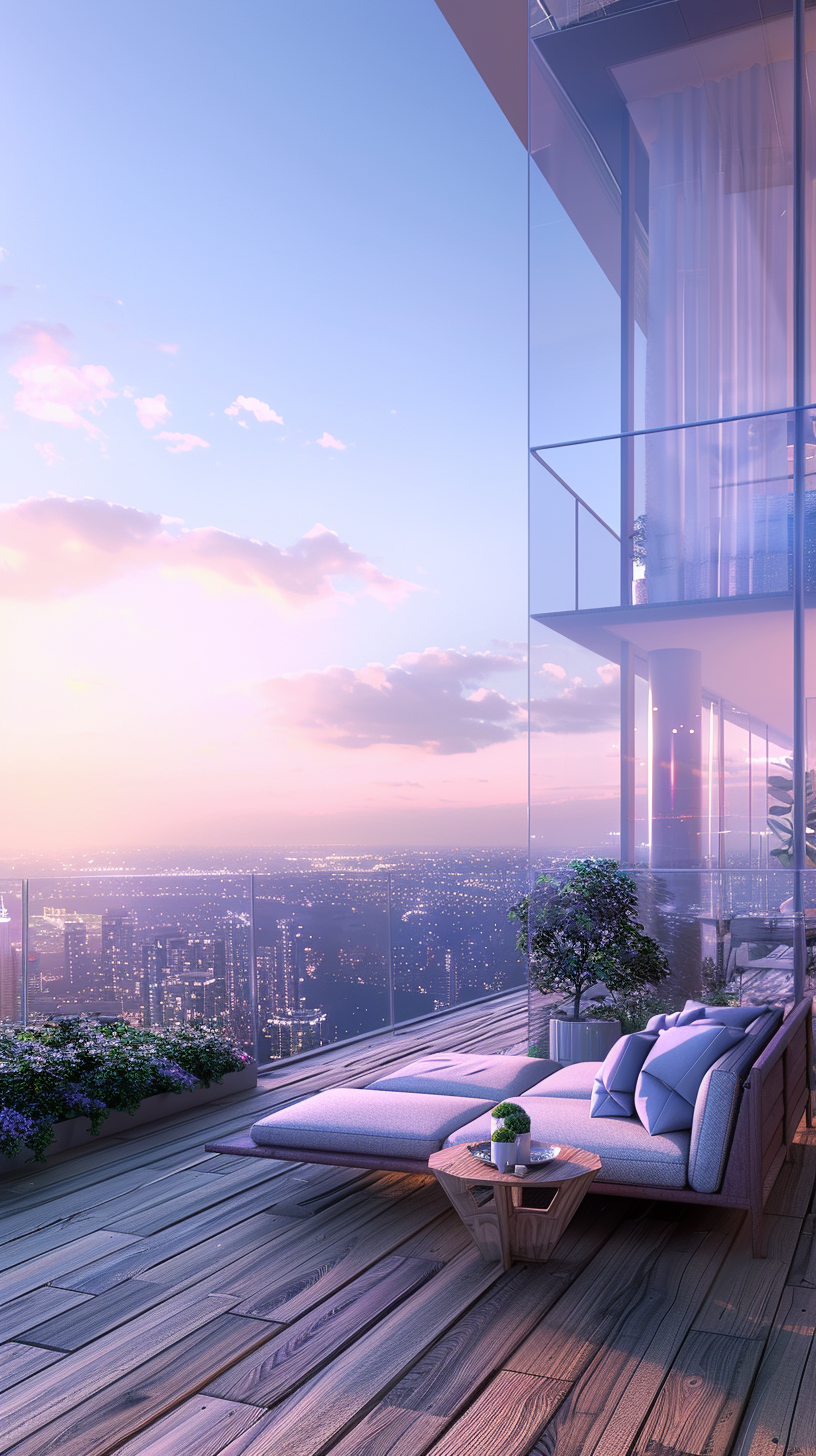 The balcony is quiet, overlooking the city skyline, and the dusk shadow sets off the elegant and peaceful scene.