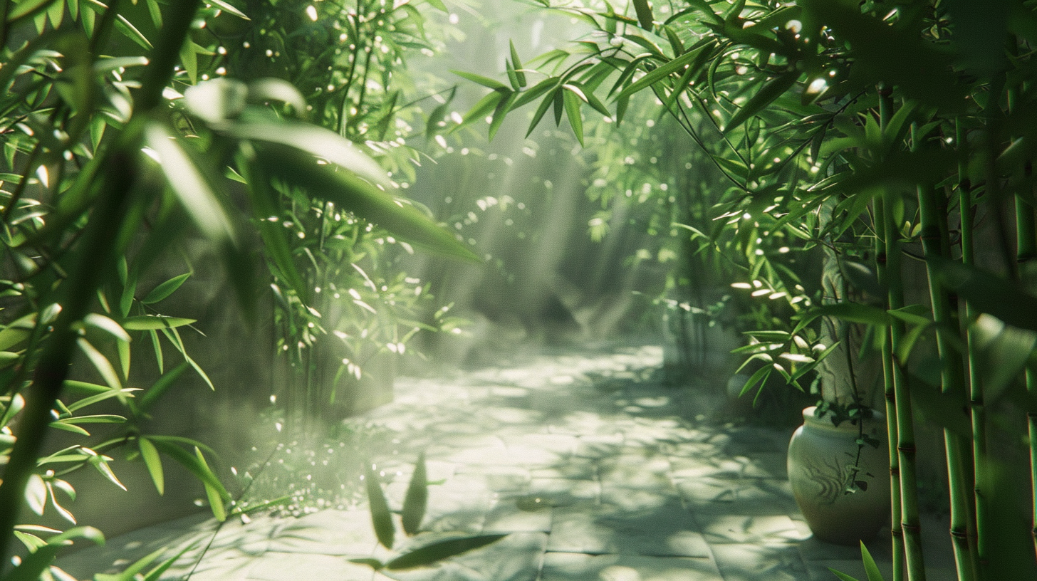 The bamboo path is quiet, the flagstones are mottled with light, and the round decoration is faintly visible.