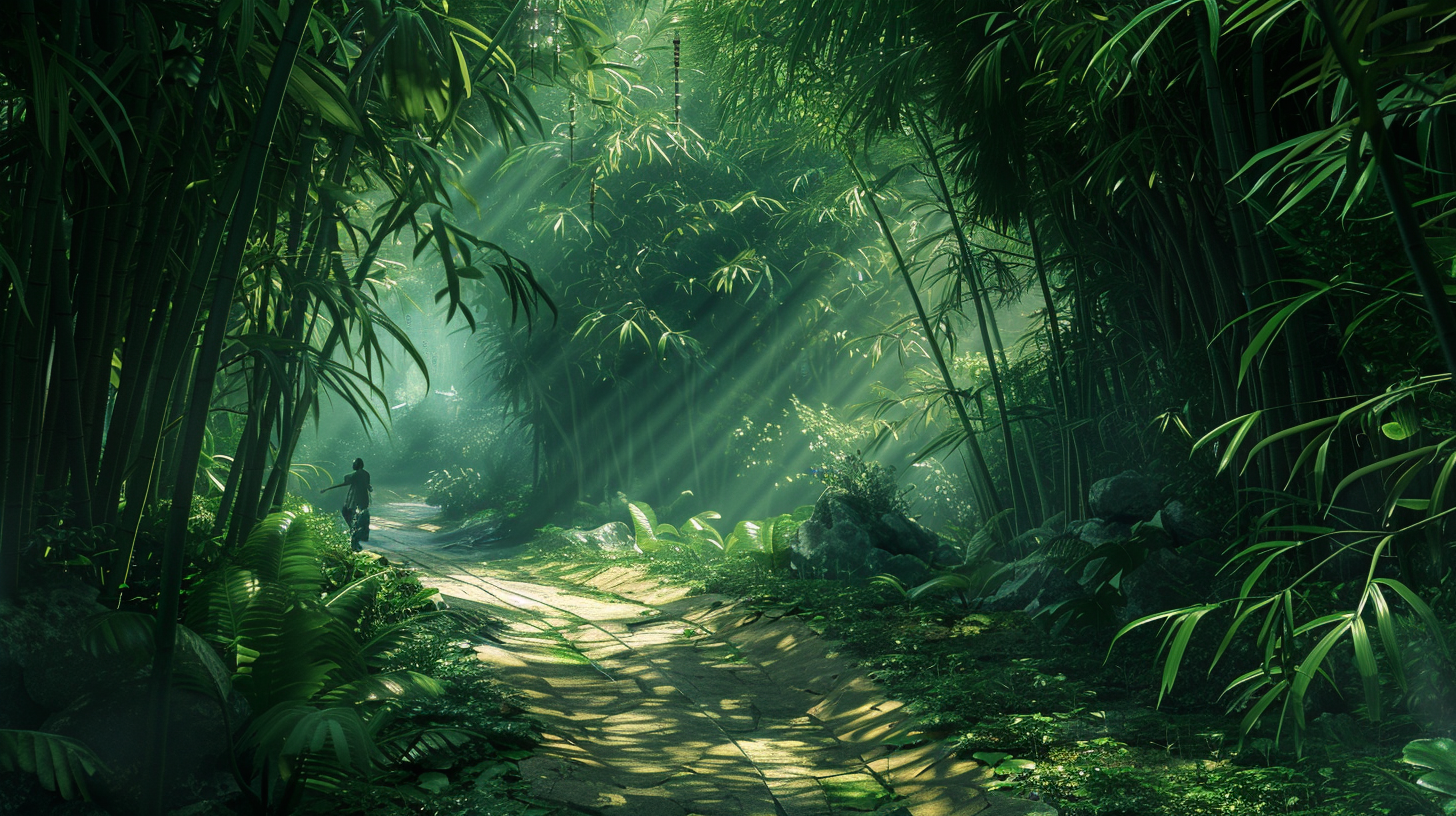 Tropical rainforest path twists and turns, lush green leaves, light and shadow mottled, one alone among them, quiet and deep.