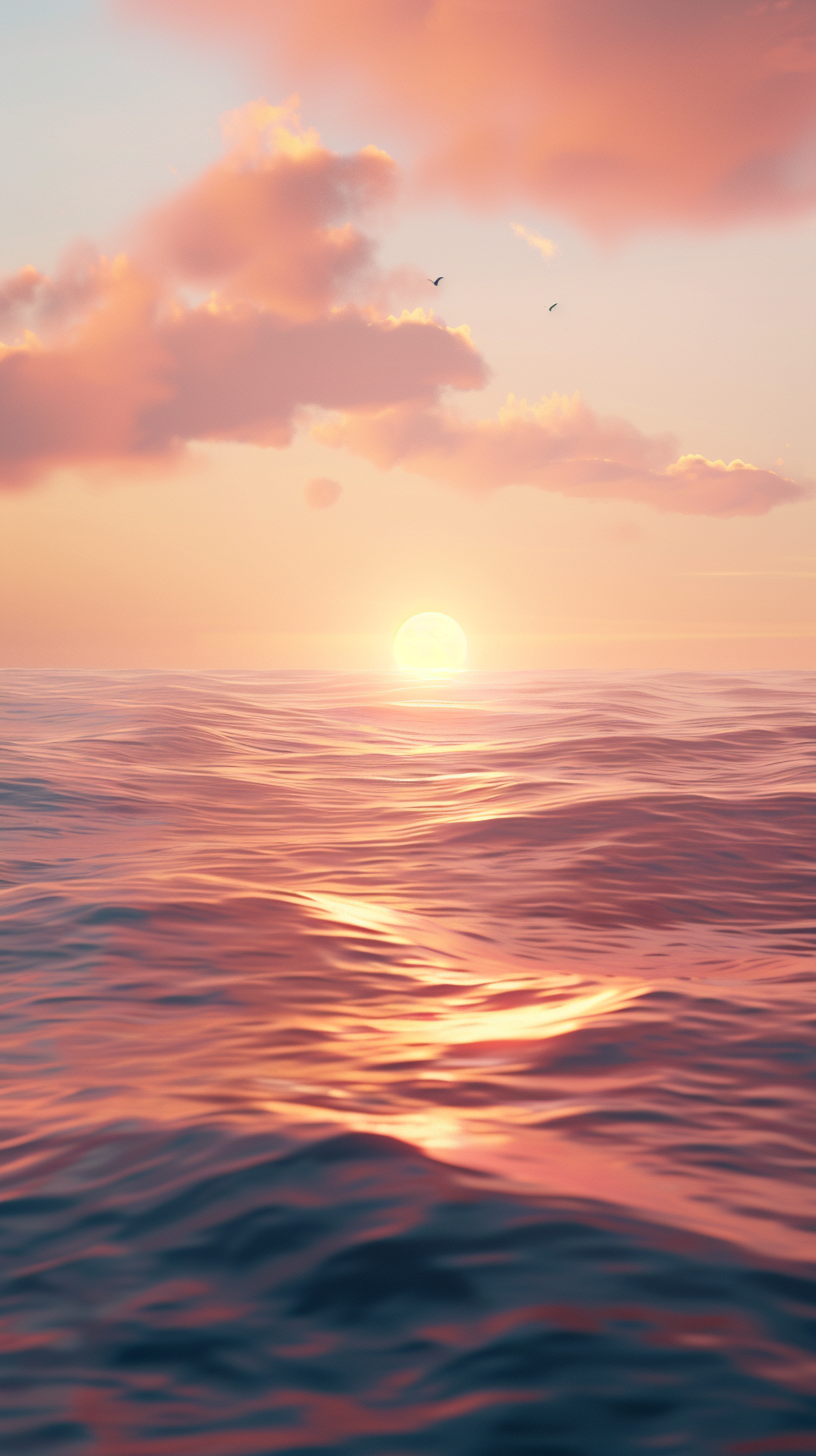 The sun is setting on the sea, the waves are shining in the sky, and the birds are flying to add life.