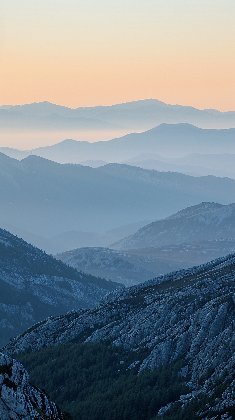 The mountains are green in the sunset, and the shadows of the towers loom between heaven and earth.