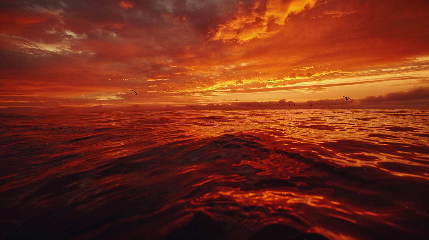 After sunset, the sky is lit, the birds are flying on the surface of the water, and the gold is shimmering, and the peaceful scenery is in the painting screen.