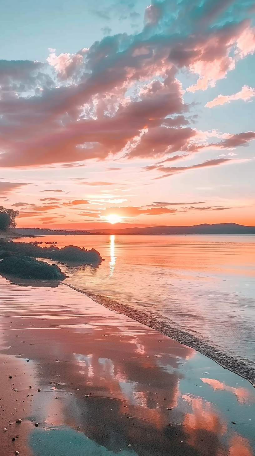 The setting sun is shining in the sky, the sea is shining, and the scene is quiet and peaceful.