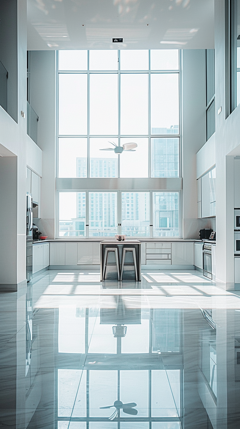 The white kitchen and dining room are integrated, and the city scenery outside the window is bright, spacious and comfortable.