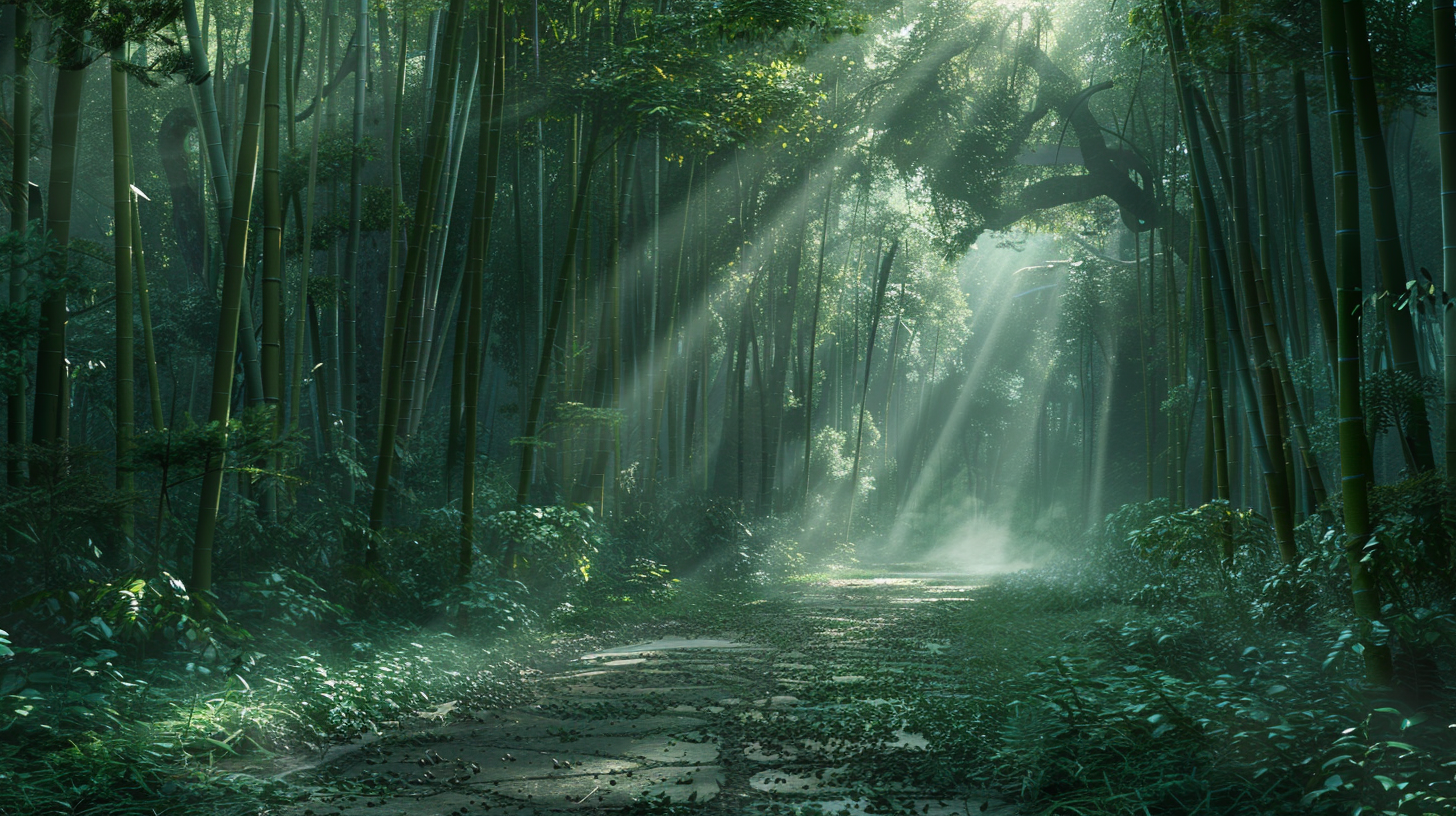 Bamboo stands tall, the sun falls, leaves moss interwoven, quiet natural beauty.