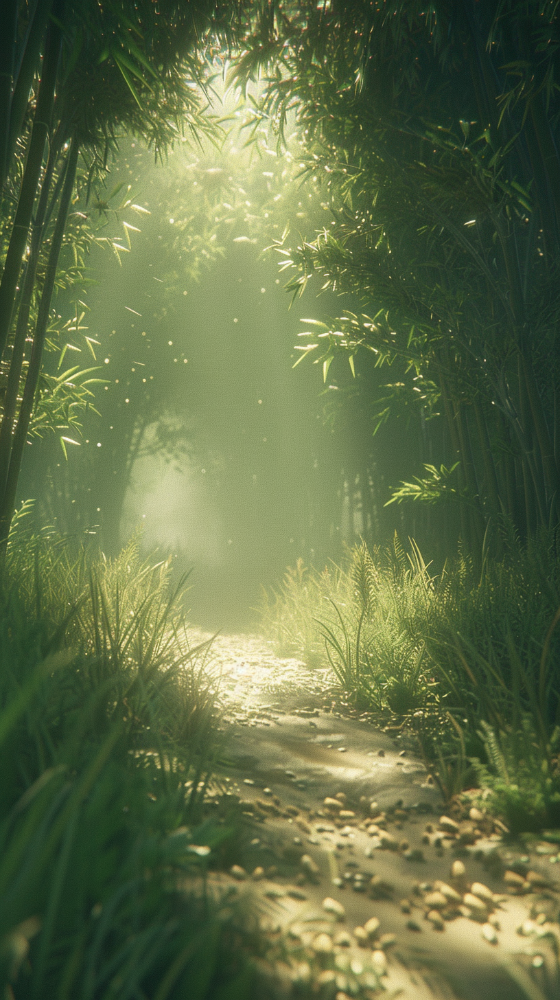 The path through the bamboo forest, the sun dappled, quiet natural beauty.