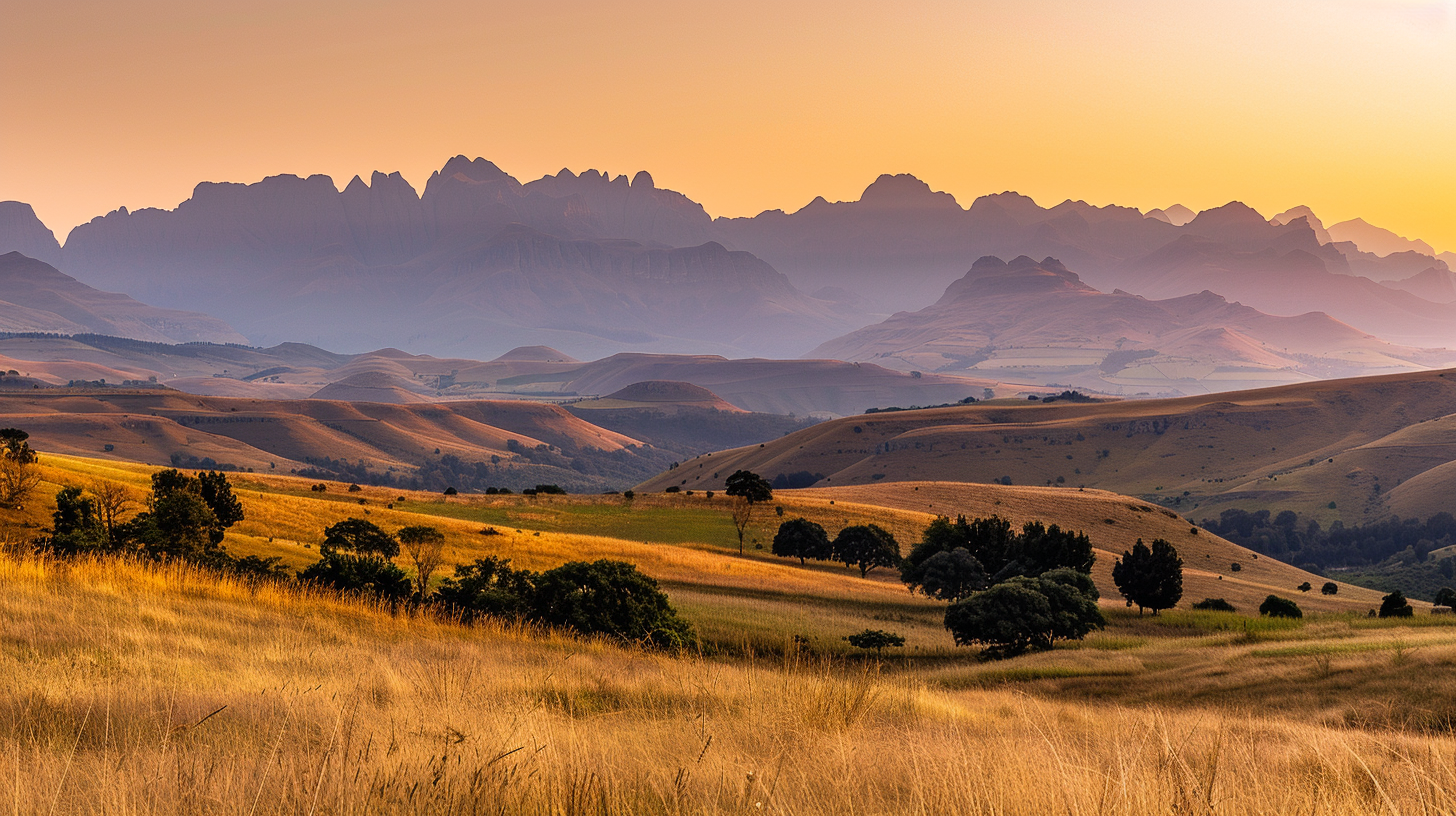 The mountains are rolling, the sunset is golden, the grassland is vast, and the scenery is picturesque.
