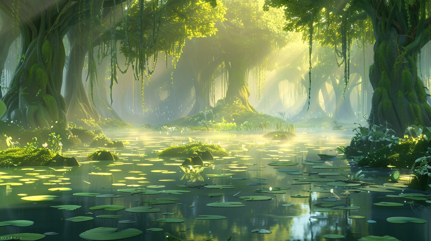 The forest is quiet, the water reflects the sun, and the green leaves show the beauty of nature.