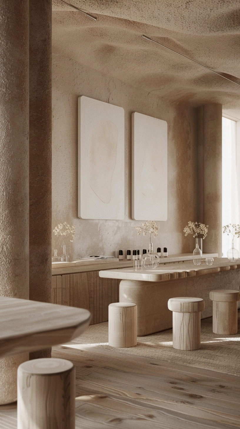The modern interior is warm and simple, with orderly furniture in warm colors and abstract paintings on the walls.