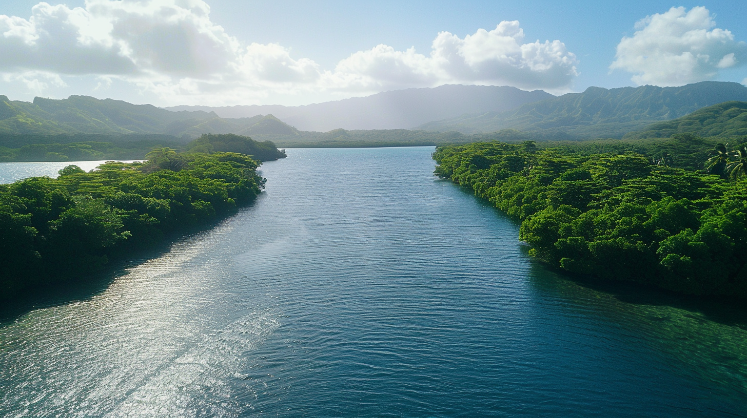 The green trees are long around the river, the blue sky is rippling, the mountains are undulating and the white clouds are floating.