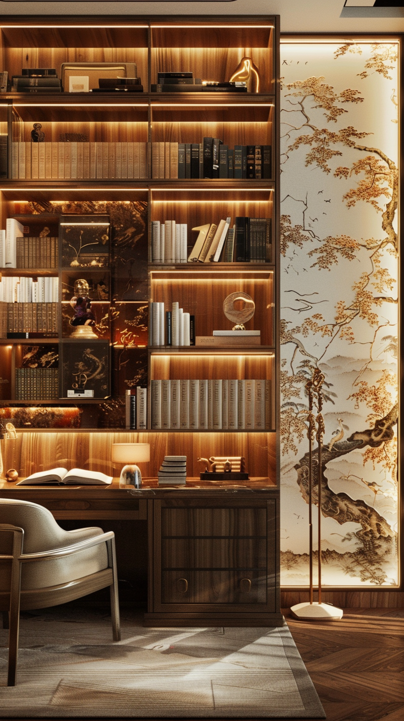 The study is quiet, full of bookshelves, black chairs with white sand, Chinese tapestries add elegance.