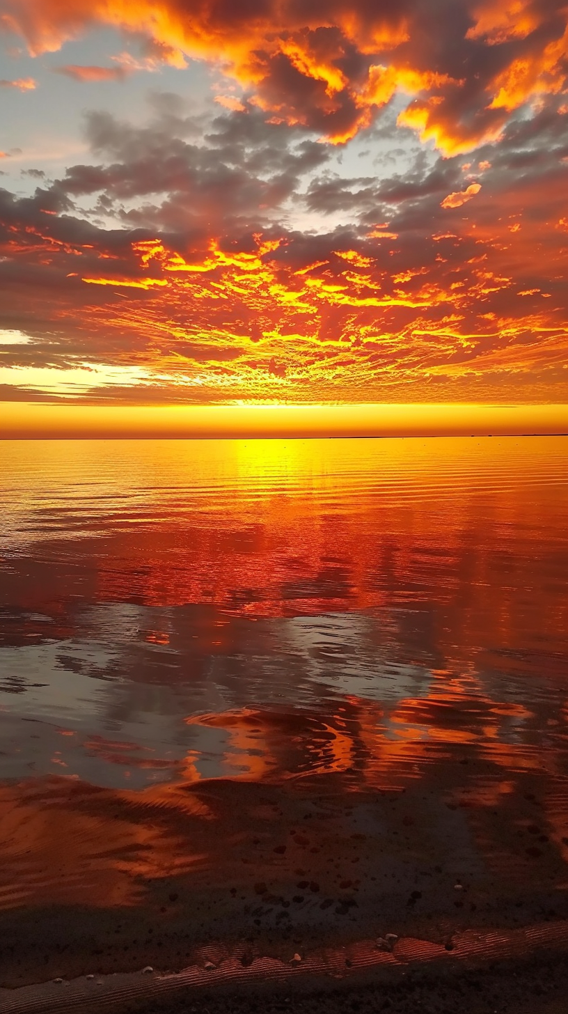The sun is setting, the sky is orange and golden, the sea is sparkling, and the beach is quiet and vast.