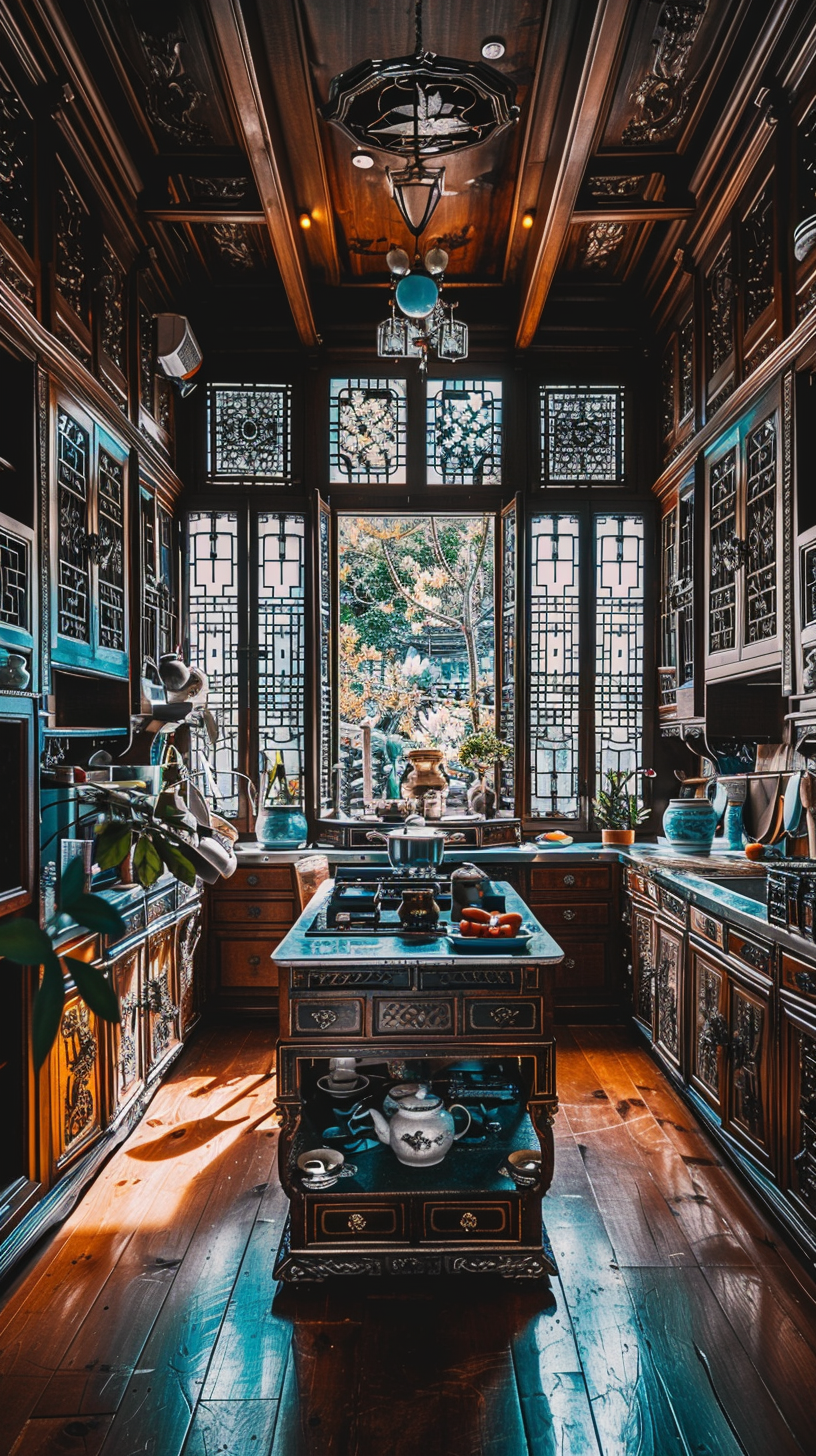 Deep color kitchen, carved decoration, green embellishment, classical charm.