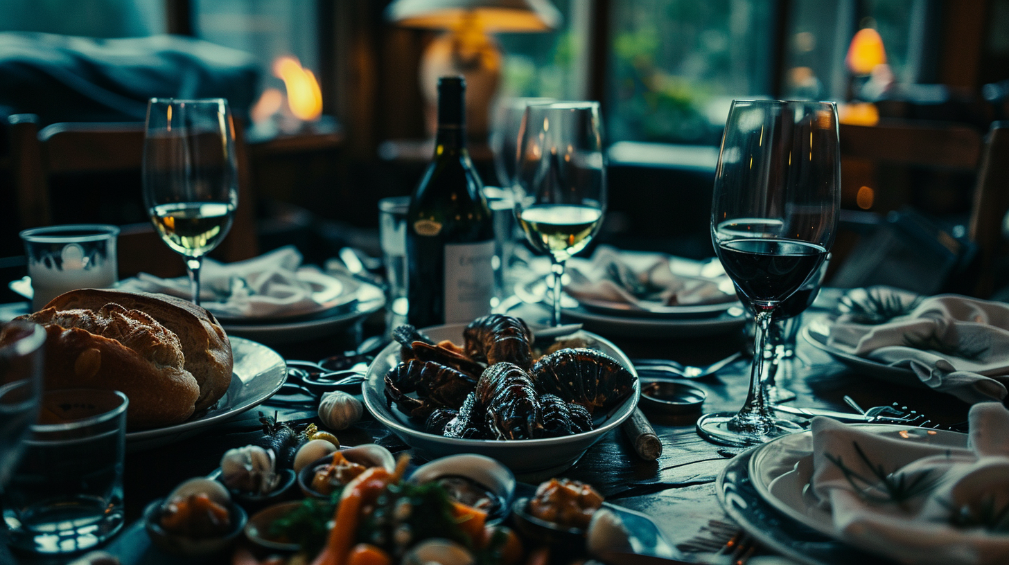 The table is full of seafood and wine, and the environment is warm and inviting.